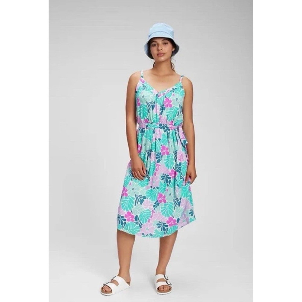 GAP V-neck Spaghetti Strap Midi Dress Blue Tropical Floral / Womens Large Tall